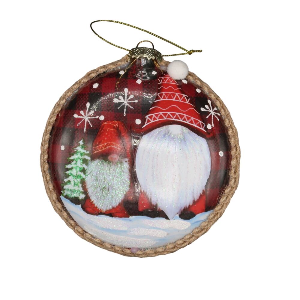 Kurt Adler Glass Disc Gnome Christmas Ornament Large 5" Plaid Rustic